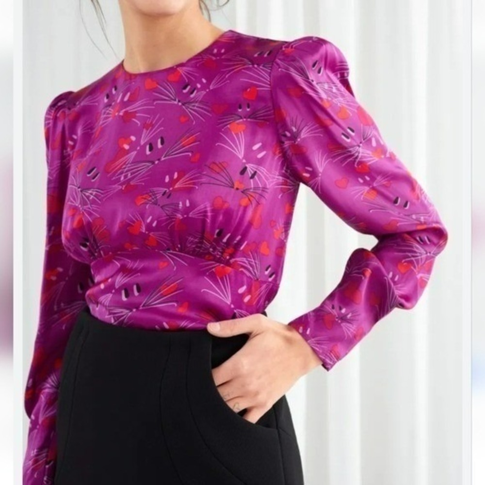 Revolve New & Other Stories Pink Satin Cat Print Puff Sleeve Blouse Top US SZ 8